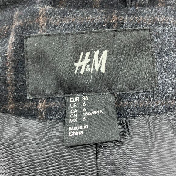 H&M Gray Plaid Wool Blend Hooded Jacket sz 6 Dark Academia Preppy Pleats - Picture 7 of 8